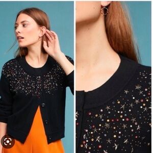 Anthropologie Moth Falling Stars Black Cardigan with Colorful Embellishments